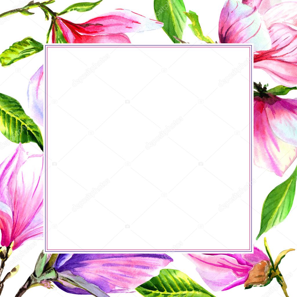 Wildflower magnolia flower frame in a watercolor style isolated.