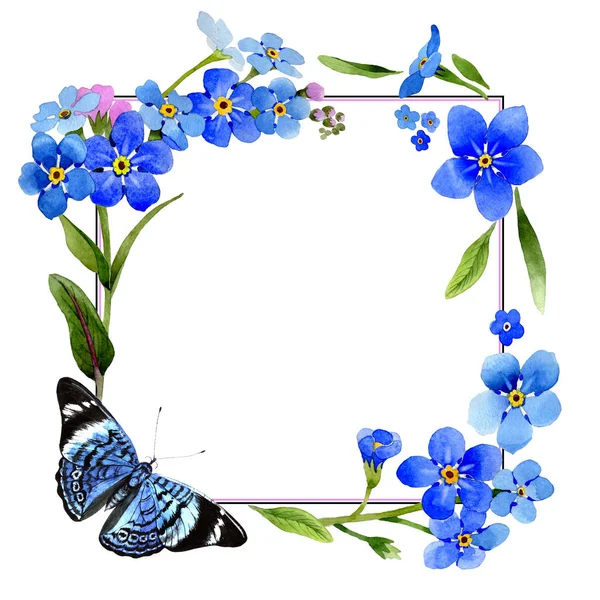 Wildflower myosotis arvensis flower frame in a watercolor style isolated. — Stock Photo, Image