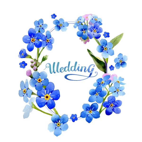 Wildflower myosotis arvensis květinový věnec ve stylu akvarelu, samostatný. — Stock fotografie