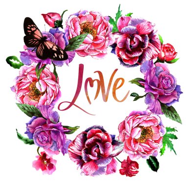 Kır çiçeği peony çiçek çelenk izole bir suluboya tarzında.