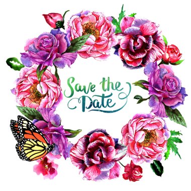 Kır çiçeği peony çiçek çelenk izole bir suluboya tarzında.