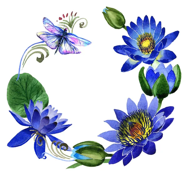 Wildflower niebieski lotosu kwiat rama w stylu przypominającym akwarele na białym tle. — Zdjęcie stockowe