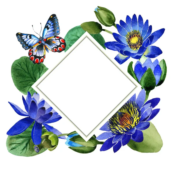 Wildflower blue lotus flower frame in a watercolor style isolated. — Stock Photo, Image