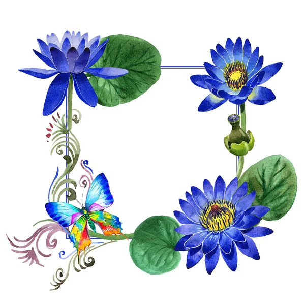 Wildflower niebieski lotosu kwiat rama w stylu przypominającym akwarele na białym tle. — Zdjęcie stockowe