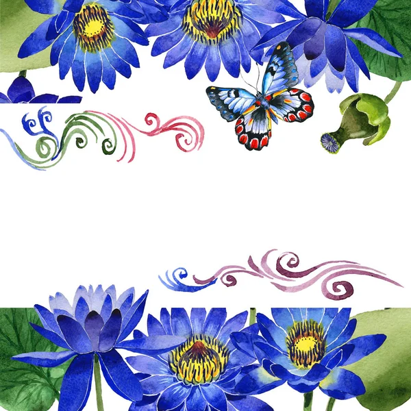 Wildflower blue lotus flower frame in a watercolor style isolated. — Stock Photo, Image