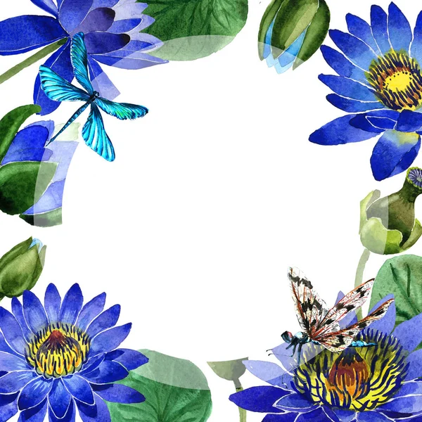 Wildflower blå lotus blomma ram i akvarell stil isolerade. — Stockfoto