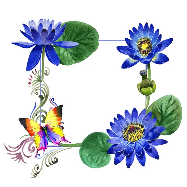 Wildflower blue lotus flower rám ve stylu akvarelu, samostatný. — Stock fotografie