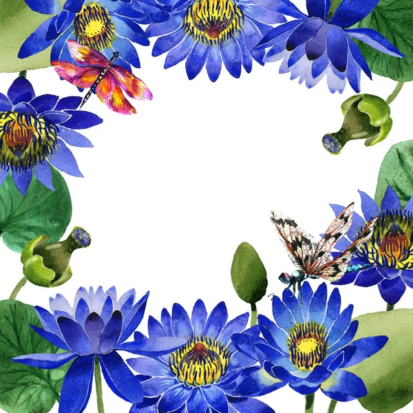 Wildflower blå lotus blomma ram i akvarell stil isolerade. — Stockfoto