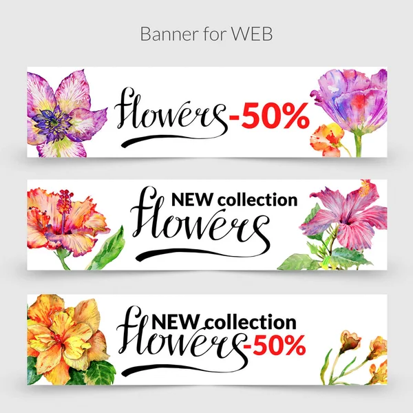 Wildflower hibiscus flower banner in a watercolor style isolated.