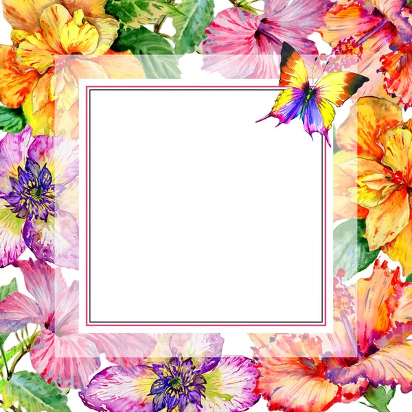 Vadvirág Hibiszkusz virág keret elszigetelt akvarell stílusú. — Stock Fotó