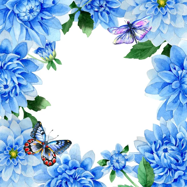 Wildflower blue dahila flower frame in a watercolor style isolated. — Stock Photo, Image