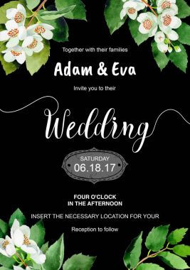 Düğün davetiyesi DIY şablon Chubushnik el yapımı suluboya resim.