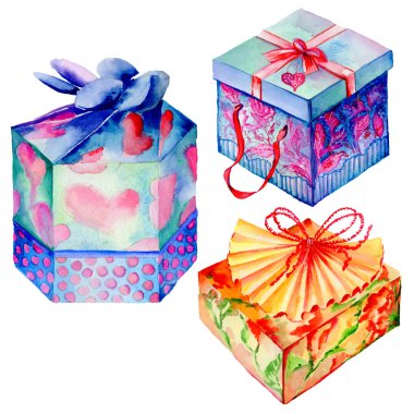 Tatil hediye kutuları izole bir suluboya tarzında ayarla.