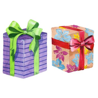 Suluboya doğum günü hediye kutusu illüstrasyon. Bir kurdele ile sarılmış hediye kutuları.