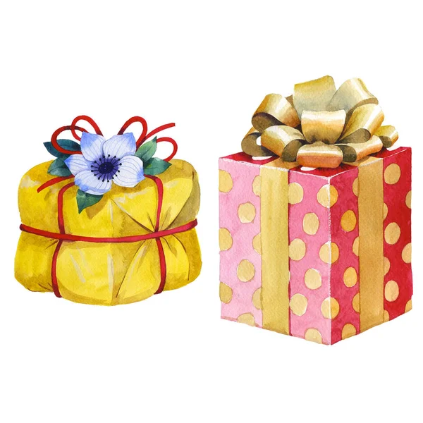 Illustration boîte cadeau d'anniversaire aquarelle. Boîtes cadeaux enveloppées avec un ruban . — Photo