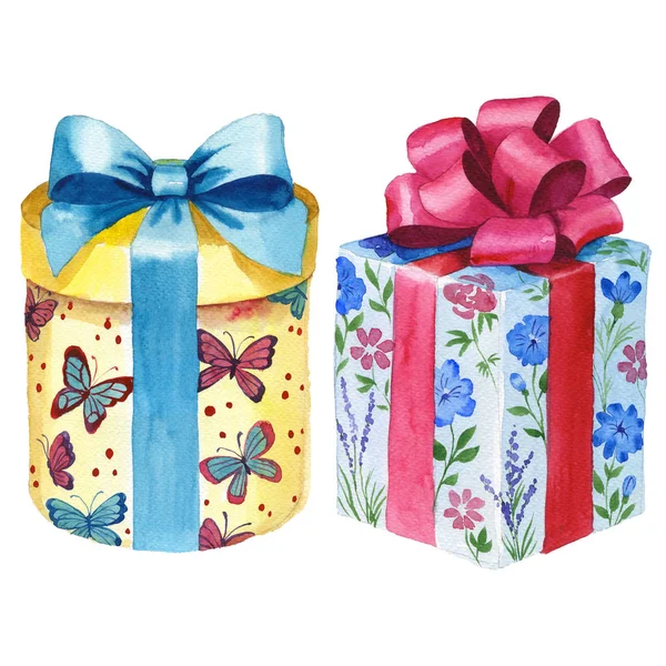 Illustration boîte cadeau d'anniversaire aquarelle. Boîtes cadeaux enveloppées avec un ruban . — Photo