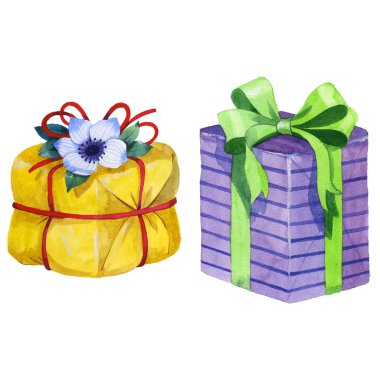 Suluboya doğum günü hediye kutusu illüstrasyon. Bir kurdele ile sarılmış hediye kutuları.