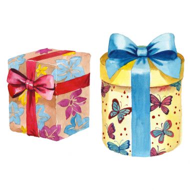 Suluboya doğum günü hediye kutusu illüstrasyon. Bir kurdele ile sarılmış hediye kutuları.