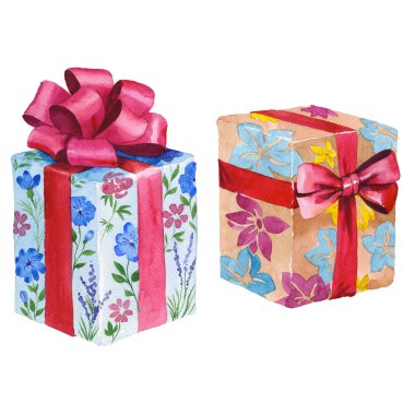 Suluboya doğum günü hediye kutusu illüstrasyon. Bir kurdele ile sarılmış hediye kutuları.