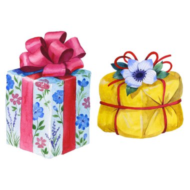 Suluboya doğum günü hediye kutusu illüstrasyon. Bir kurdele ile sarılmış hediye kutuları.