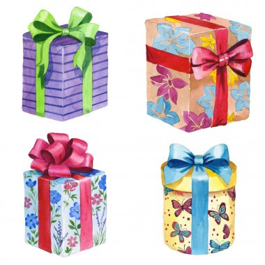 Suluboya doğum günü hediye kutusu illüstrasyon. Bir kurdele ile sarılmış hediye kutuları.