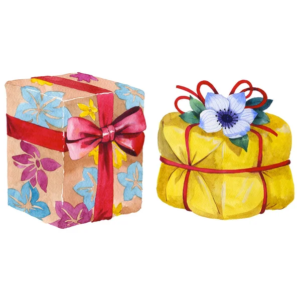 Watercolor birthday gift box illustration. Wrapped gift boxes with a ribbon. — Stock Photo, Image