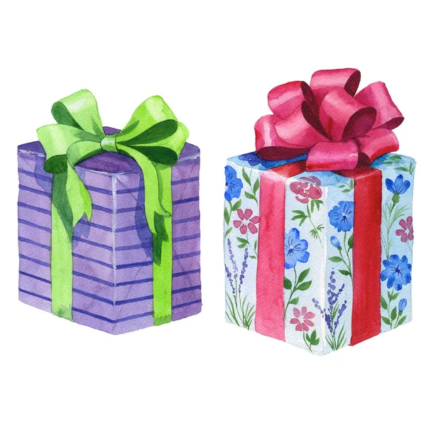 Ilustración de caja de regalo de cumpleaños de acuarela. Cajas de regalo envueltas con cinta . — Foto de Stock