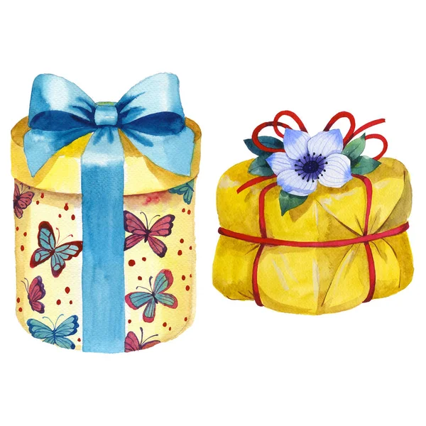 Suluboya doğum günü hediye kutusu illüstrasyon. Bir kurdele ile sarılmış hediye kutuları.
