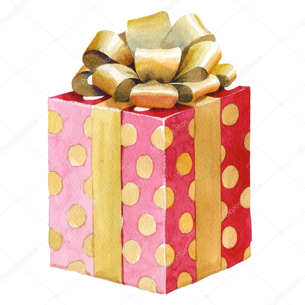 Watercolor birthday gift box illustration. Wrapped gift boxes with a