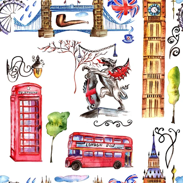 Akwarela ilustracja wzór Londyn. Wielkiej Brytanii ręcznie rysowane symboli. — Zdjęcie stockowe