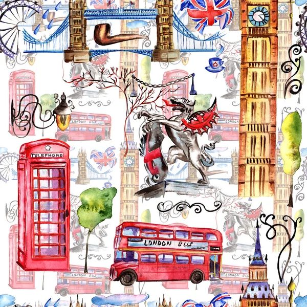 ロンドン パターンの水彩イラスト。イギリス手の描かれたシンボル. — ストック写真