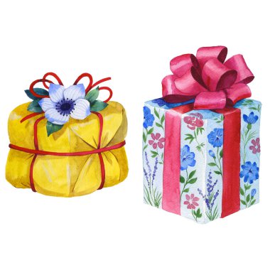 Suluboya doğum günü hediye kutusu illüstrasyon. Bir kurdele ile sarılmış hediye kutuları.