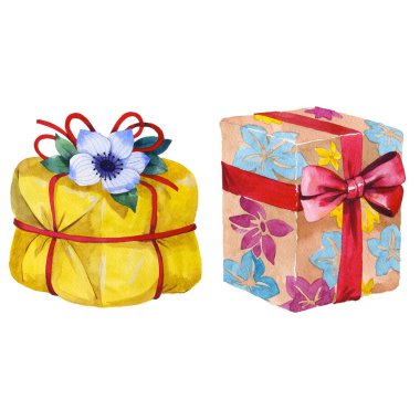 Suluboya doğum günü hediye kutusu illüstrasyon. Bir kurdele ile sarılmış hediye kutuları.