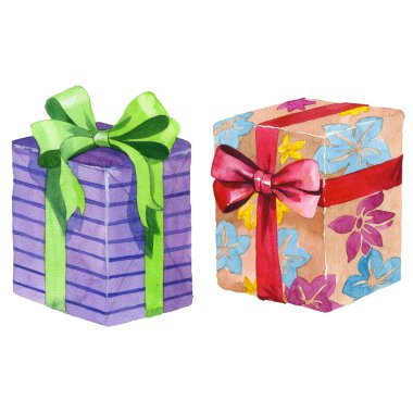 Suluboya doğum günü hediye kutusu illüstrasyon. Bir kurdele ile sarılmış hediye kutuları.