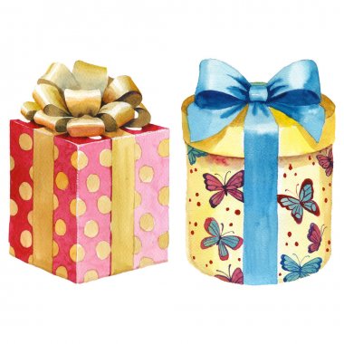 Suluboya doğum günü hediye kutusu illüstrasyon. Bir kurdele ile sarılmış hediye kutuları.