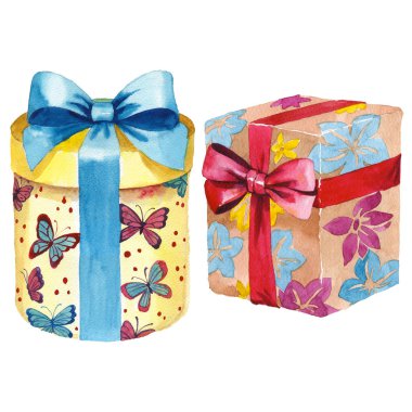 Suluboya doğum günü hediye kutusu illüstrasyon. Bir kurdele ile sarılmış hediye kutuları.
