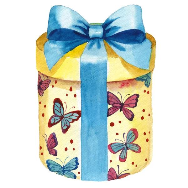 Akvarell születésnapi ajándék doboz illusztráció. Keresztkötés ajándék dobozok, szalag. — Stock Fotó
