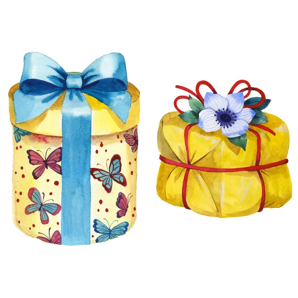 水彩生日礼物盒图。用一条丝带包装的礼品盒. — 图库照片