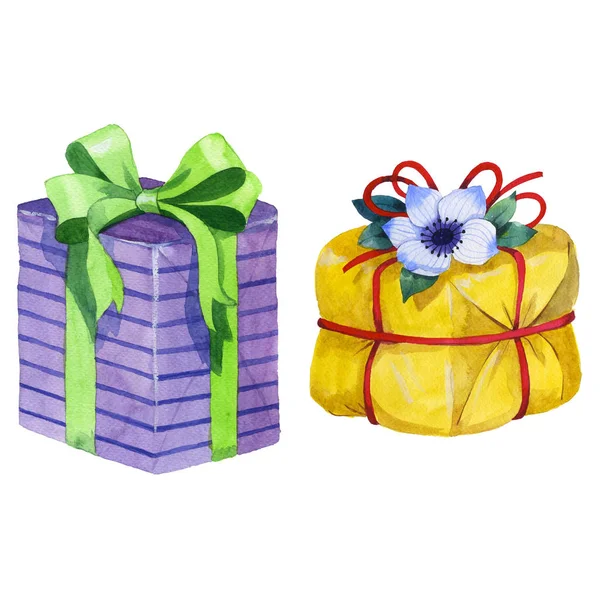 Illustration boîte cadeau d'anniversaire aquarelle. Boîtes cadeaux enveloppées avec un ruban . — Photo