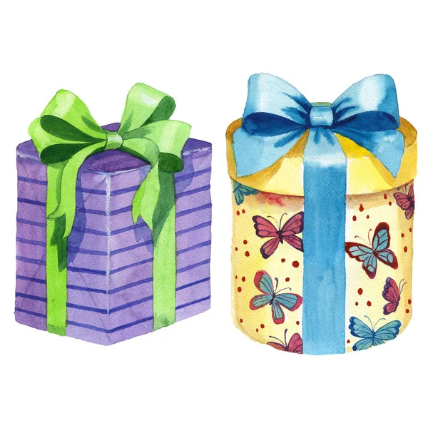 Aquarell Geburtstagsgeschenk Box Illustration. Geschenkboxen mit Schleife verpackt. — Stockfoto