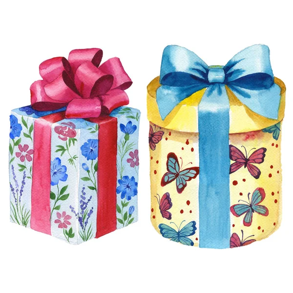 水彩生日礼物盒图。用一条丝带包装的礼品盒. — 图库照片