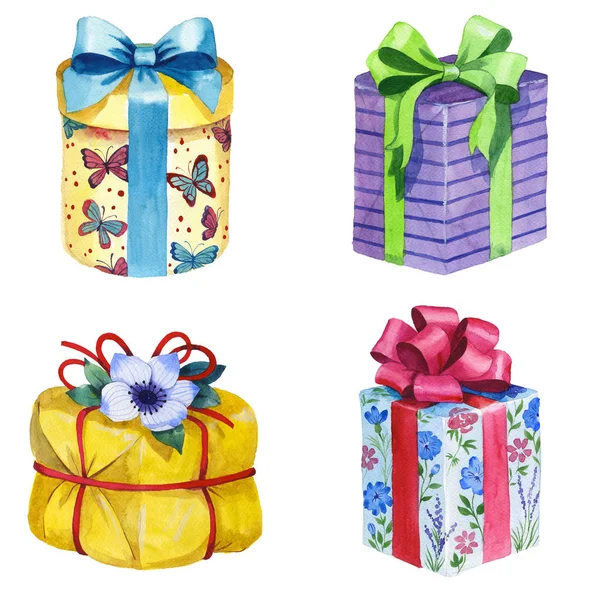 Aquarell Geburtstagsgeschenk Box Illustration. Geschenkboxen mit Schleife verpackt. — Stockfoto