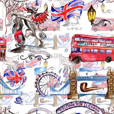 Suluboya Londra desen illüstrasyon. Büyük Britanya'nın el çizilmiş sembolleri.