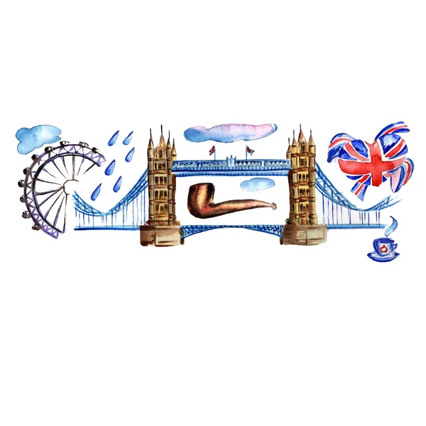 Ακουαρέλα Λονδίνο εικονογράφηση. Μεγάλη Βρετανία το χέρι συντάσσονται σύμβολα. — Φωτογραφία Αρχείου
