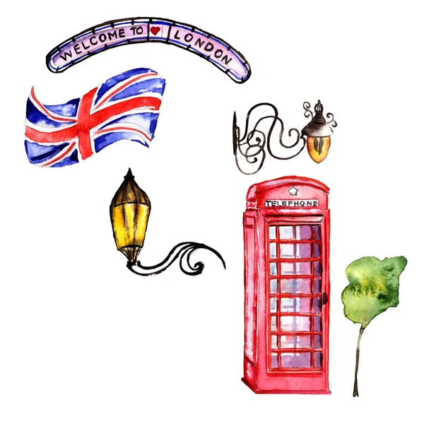 伦敦的水彩插图。英国手绘制的符号. — 图库照片