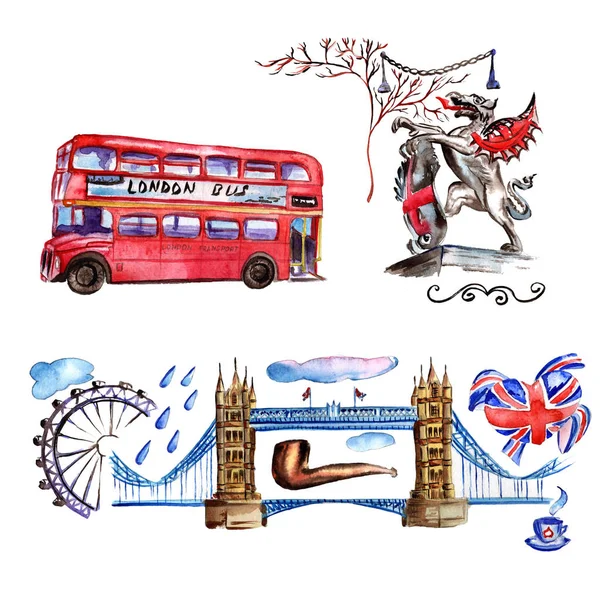 伦敦的水彩插图。英国手绘制的符号. — 图库照片