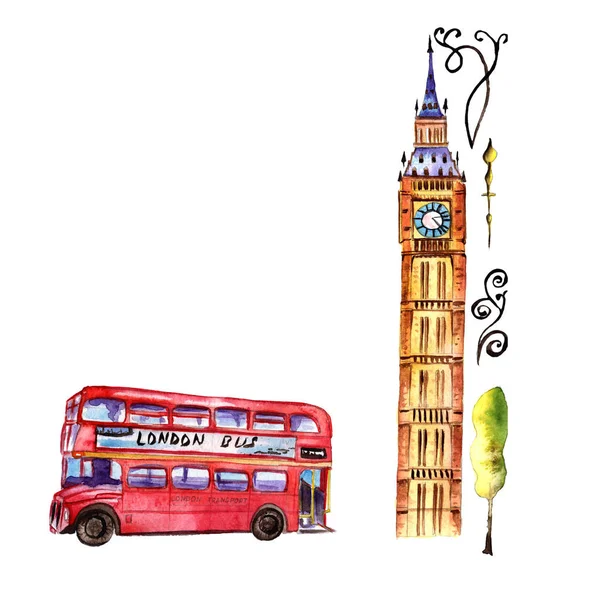 Akvarelu Londýn ilustrace. Velká Británie rukou nakreslené symboly. — Stock fotografie