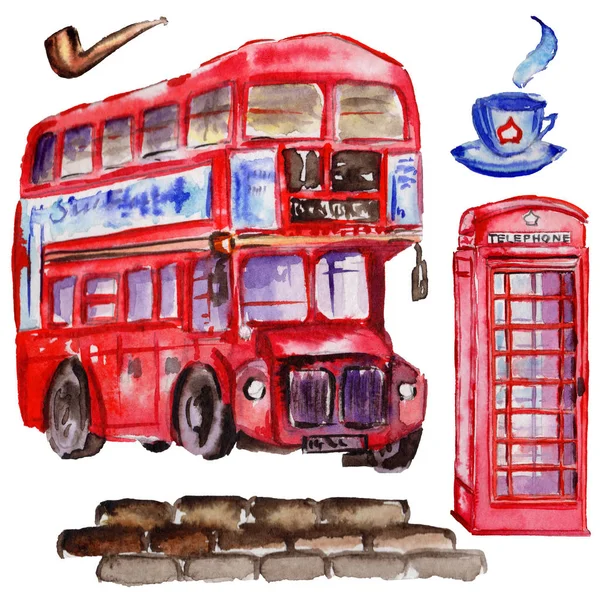 Acuarela ilustración de Londres. Gran Bretaña dibujó símbolos a mano. Autobús británico —  Fotos de Stock