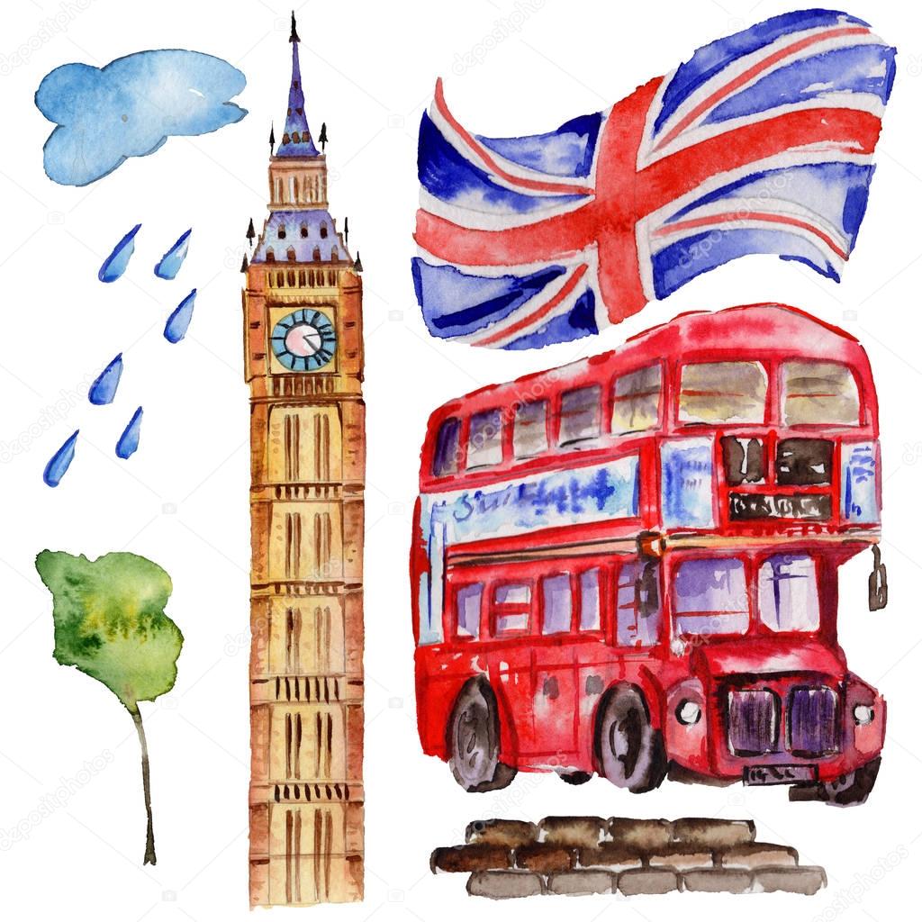 Watercolor London illustration. Great Britain hand drawn symbols. British bus