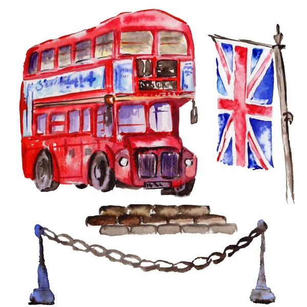 Suluboya Londra illüstrasyon. Büyük Britanya'nın el çizilmiş sembolleri. İngiliz otobüs — Stok fotoğraf